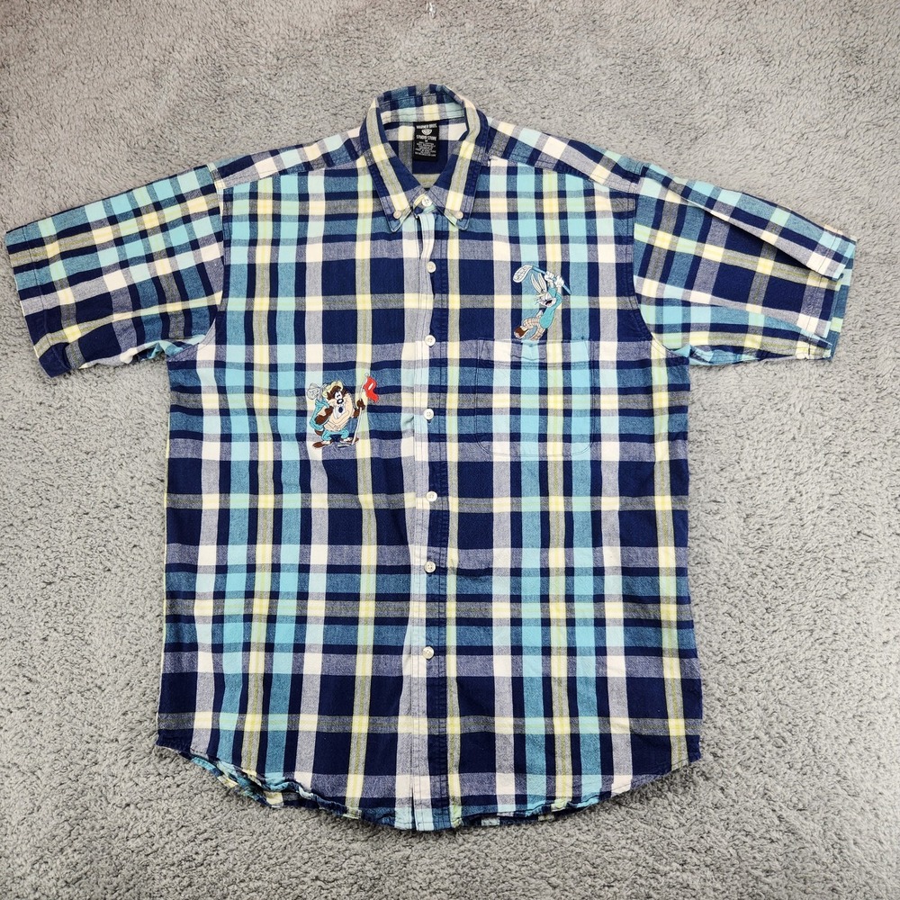 Warner Bros Mens Looney Tunes Plaid Shirt Vintage Taz Bugs Bunny Golf Size M